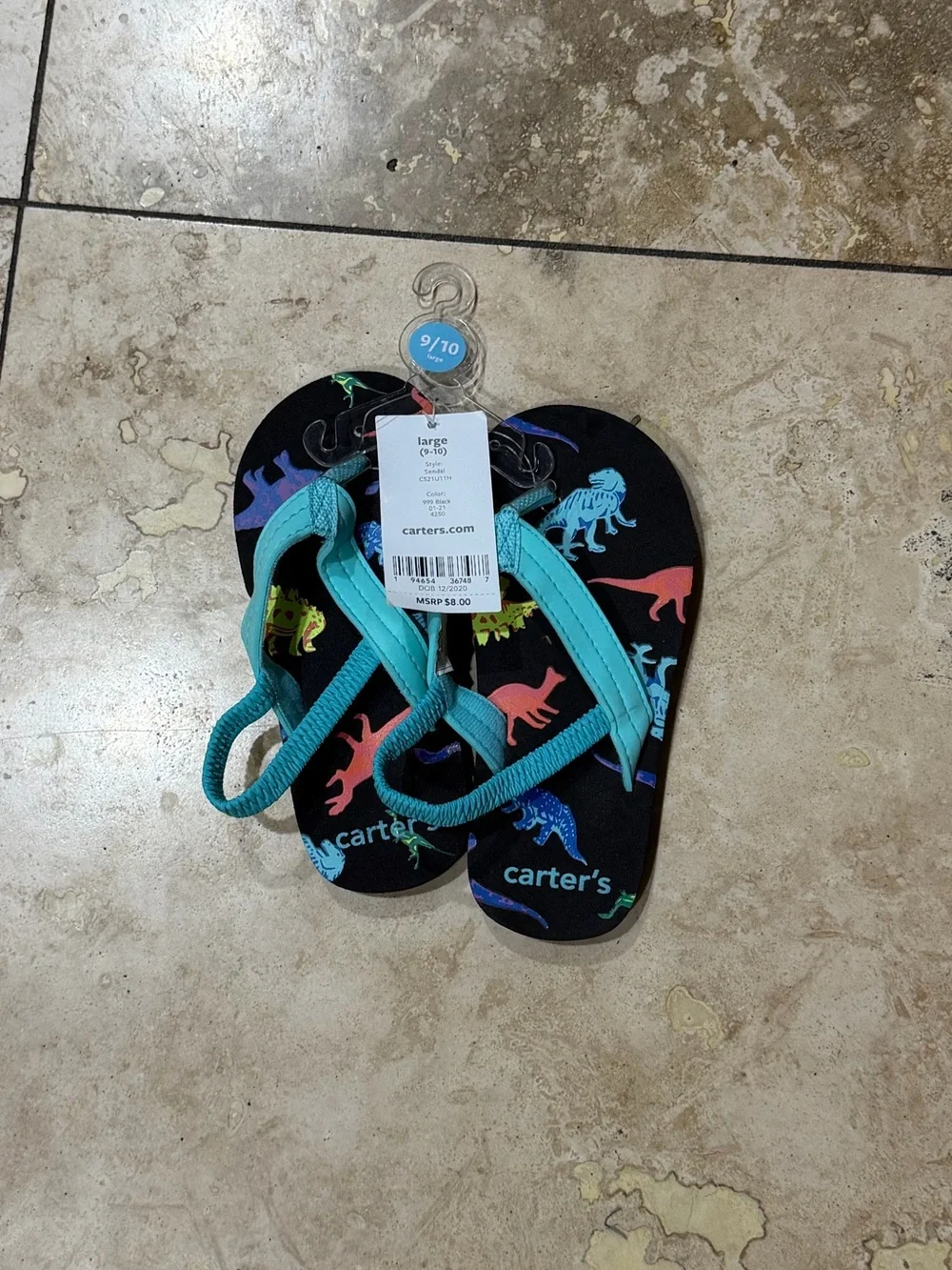 Carter's Black Flip Flops with Turquoise Straps and Multicolor Dinosaurs